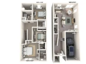 1498 square foot three bedroom two and a half bath townhome floor plan in Phoenix, Arizona