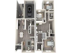 1601 square foot three bedroom two and a half bath townhome floor plan in Durham, NC