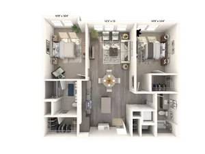 1141 square foot two bedroom two bath apartment floorplan image