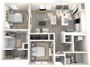 992 square foot two bedroom two bath floorplan image