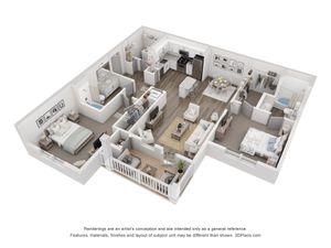 Modern 3D apartment floor plan showcasing 2 bedrooms, spacious open kitchen, cozy living area, and two stylish bathrooms.