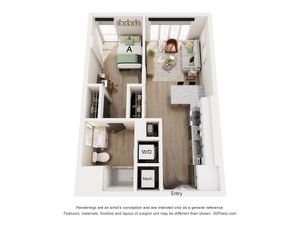 Modern 3D floor plan showcasing a cozy one-bedroom apartment with an open living room, sleek kitchen, stylish bathroom, and ample storage space.