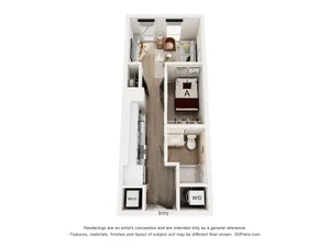 Modern 3D floor plan showcasing a cozy one-bedroom apartment with a stylish open kitchen, inviting living area, and convenient bathroom layout.