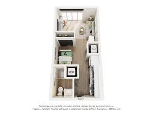 Contemporary 3D floor plan featuring a cozy bedroom, inviting living room, and sleek kitchen, perfect for modern living.