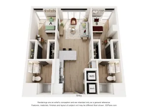 Modern apartment floor plan featuring 2 cozy bedrooms, open living area with natural light, sleek kitchen with island, and two elegant bathrooms.