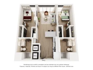 Chic 3D floor plan of a modern apartment with 2 bedrooms labeled A and B, stylish open-concept living area, sleek kitchen, and dual bathrooms. Perfect for city dwelling.