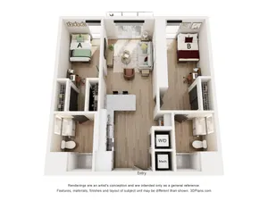 Modern 3D floor plan featuring 2 bedrooms, a cozy living area, and a sleek kitchen. Includes stylish bathrooms, a convenient W/D closet, and a welcoming entryway.