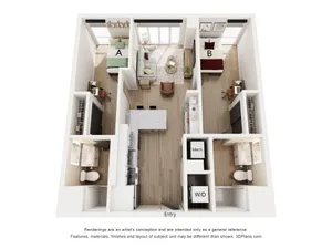 Modern 3D apartment floor plan showcasing 2 bedrooms with desks, an open living room, and stylish kitchen, featuring elegant wood flooring and abundant natural light.