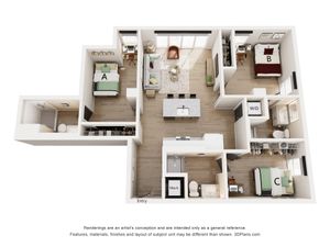 Modern 3D floor plan showcasing a bright, open-concept layout with 3 bedrooms, stylish kitchen island, and cozy living area.