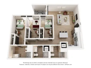 Modern 3D floor plan showcasing 3 bedrooms, a sleek kitchen with an island, and an inviting living area with balcony access.