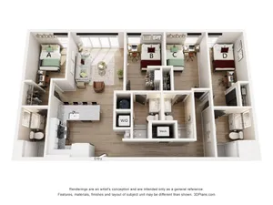 Modern 3-bedroom apartment floor plan with open-concept living area, gourmet kitchen, and 2 luxurious bathrooms.
