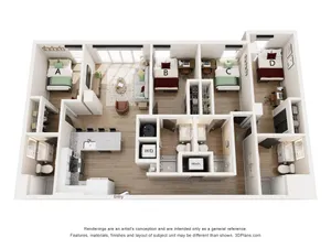 Modern 3D floor plan showcasing 4 bedrooms, stylish open living area, gourmet kitchen with island, and convenient laundry facilities.