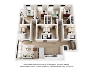 Modern 3D floor plan showcasing four bedrooms, open living space, elegant kitchen, and two sleek bathrooms.