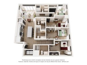Elegant 3D floor plan showcasing four spacious bedrooms, a modern kitchen with an island, and a stylish open-concept living area.