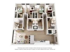 Modern 3D apartment floor plan showcasing four bedrooms, open living area with stylish furnishings, spacious kitchen, and well-appointed bathrooms.