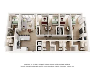 Spacious 3D floor plan showcasing 5 bedrooms, open living area, modern kitchen, and convenient washer/dryer.