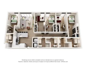 Modern 3D floor plan showcasing five bedrooms, a spacious open-concept kitchen with island seating, elegant living area, and multiple bathrooms, perfect for a vibrant family life.