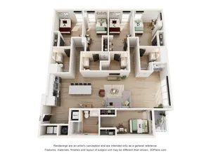 Luxurious 3D floor plan showcasing a spacious layout with four bedrooms, modern kitchen with island, open living area, and two stylish bathrooms.