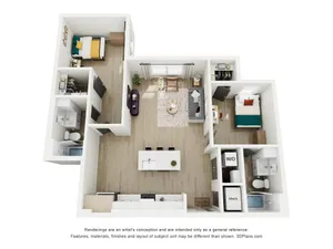 Modern 3D floor plan showcasing 2 cozy bedrooms, open living-dining area, sleek kitchen with island, 2 bathrooms, and convenient laundry space.