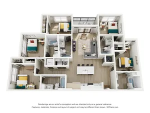 Modern 3D floor plan showcasing a spacious three-bedroom apartment with an open-concept living and dining area, stylish kitchen with an island, and two sleek bathrooms.
