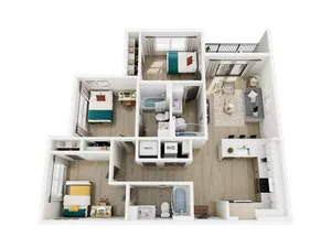 Modern 3D floor plan showcasing 3 bedrooms, a sleek kitchen with island, and an inviting living area with natural light.