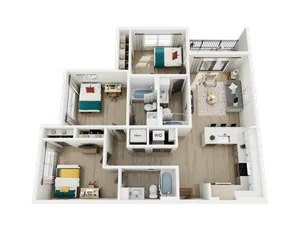 Modern 3D floor plan featuring 3 spacious bedrooms, elegant living room, contemporary kitchen with island, and two luxurious bathrooms.