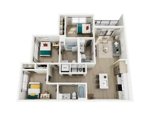 Charming 3D floor plan showcasing a modern apartment with 3 bedrooms, open-plan kitchen, cozy living area, and stylish balcony.