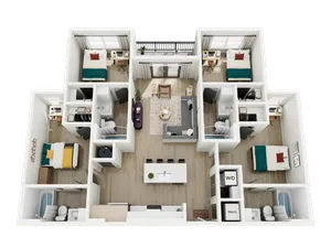 Modern 3D apartment floor plan showcasing 3 bedrooms, open-concept living and kitchen area, and stylish bathrooms.