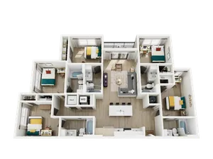 Modern 3-bedroom apartment layout with open living area, sleek kitchen, and cozy bedrooms, designed for contemporary living.