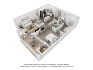 Sleek 3D floor plan showcasing a cozy 1-bedroom apartment with open-concept living and dining area, modern kitchen, stylish bathroom, and a charming balcony.