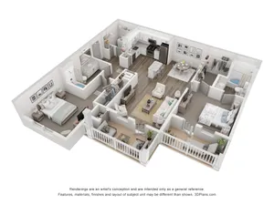 Modern 3D floor plan featuring a luxurious apartment with two spacious bedrooms, open-concept living and dining area, and a sleek kitchen, ideal for contemporary living.