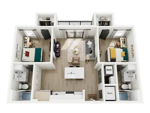Modern 3D floor plan featuring two spacious bedrooms, a stylish open-concept living area with a cozy sofa, and a sleek kitchen with an island. Includes two contemporary bathrooms, washer/dryer setup, and elegant flooring throughout.
