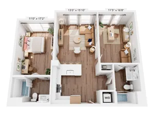 Contemporary 3D floor plan showcasing a spacious apartment with a bedroom, inviting living area, modern kitchen, and two well-appointed bathrooms, designed for comfort and style.