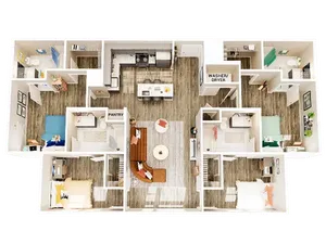 Chic 3-bedroom apartment floor plan with an open-concept living area, modern kitchen with pantry, and convenient washer/dryer setup.