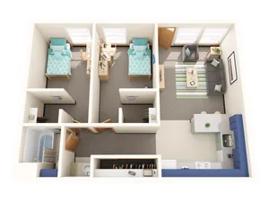 Bright 3D floor plan showcasing a cozy 2-bedroom apartment with a modern kitchen, inviting living space, and sleek bathroom design.