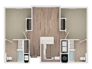 Modern floor plan showcasing two bedrooms with plush carpeting, elegant wood-floored living area, and two sleek bathrooms.