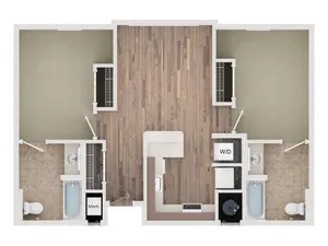 Modern 2D floor plan showcasing 2 spacious bedrooms, 2 sleek bathrooms, an open living area, and a functional kitchen with hardwood floors.