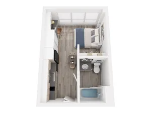 Modern studio apartment floor plan featuring a cozy bedroom, efficient kitchenette, elegant bathroom, and stylish wood flooring.