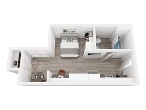 Modern 3D floor plan showcasing a chic bedroom, cozy dining area, and sleek bathroom with contemporary decor.