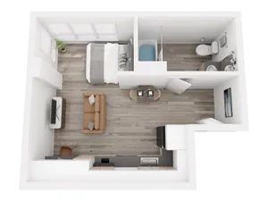 Chic modern floor plan featuring a cozy bedroom, elegant living area, compact kitchen, and stylish bathroom, with sleek wooden flooring.