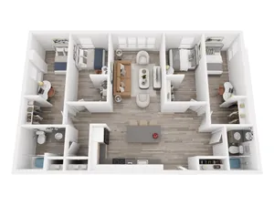 Modern open-concept floor plan showcasing 3 bedrooms, a stylish living and dining area, and a sleek kitchen. Includes two well-appointed bathrooms and ample storage space.