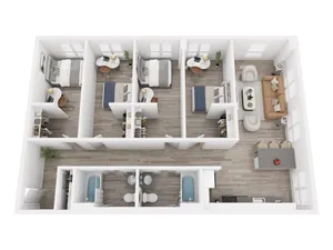 Modern 3D floor plan showcasing 3 cozy bedrooms, a stylish open-concept living room, and a sleek kitchen with an inviting dining area.