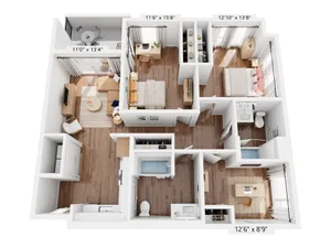Modern 2-bedroom apartment floor plan showcasing spacious layout, open living area, and elegant kitchen.