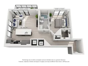 Floor plan map for a one bedroom apartment for rent in Atlanta, GA, featuring textured surfaces and room dimensions.