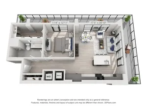 Floor plan map for a one bedroom apartment for rent in Atlanta, GA, featuring textured surfaces and room dimensions.