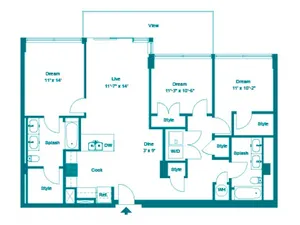 Three Bedroom Two Bath (1375 SF)