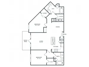 Floor plan map of a two bedroom apartment at Avanan City North in Tucker, GA, featuring labeled rooms with dimensions.