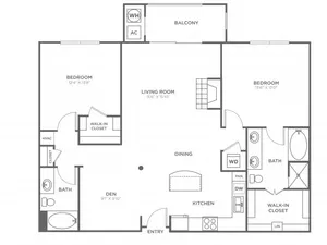 Floor plan map for a two bedroom unit at Bailey\'s Crossing Apartments in Alexandria, VA, featuring labeled rooms.