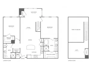 Floor plan map for a two bedroom home at our apartments for rent near Arlington, VA, featuring labeled rooms with dimensions.