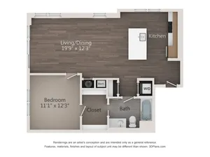 One Bedroom One Bathroom (832 SF)